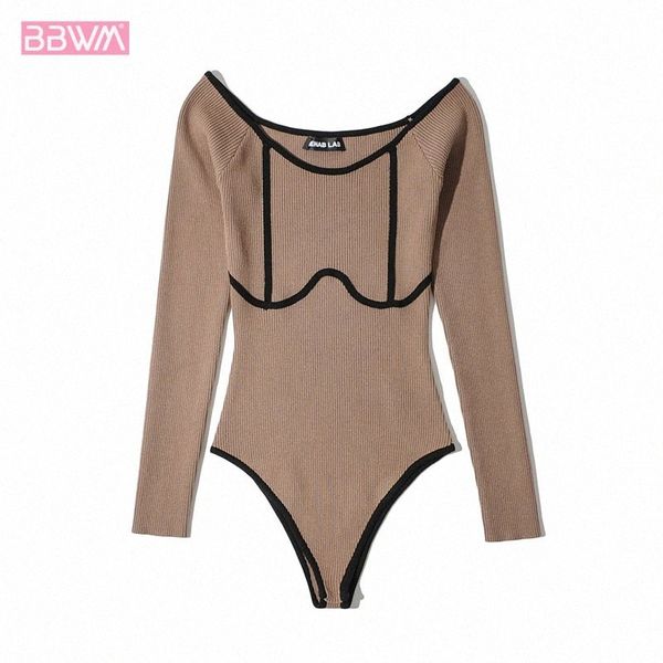 

longsleeved oneneck contrast color allmatch slim fit womens jumpsuit fashion new knitted chic female bodysuit 58qy, Black
