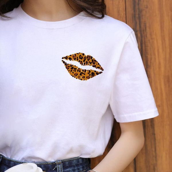 

lips leopard graphic o neck women t shirt tees kiss lip summer fashion femme, White