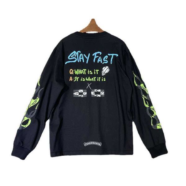 

limited edition tide ch limited fluorescent graffiti long sleeve loose round neck t-shirt for men and women, Black