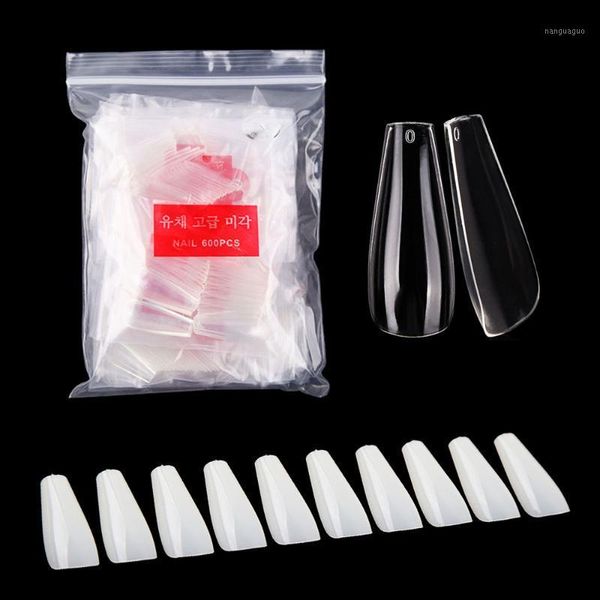 

600pcs/bag long ballerina coffin fake nails tips clear nature abs full cover manicure acrylic nail art tools fasle sd#571, Red;gold