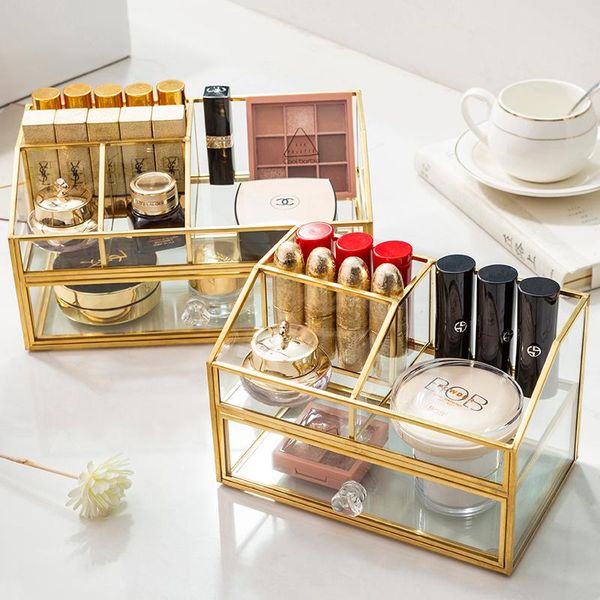 

nordic glass cosmetic organizer with drawer deskstorage box lipstick holder dust-proof jewelry boxes & bins