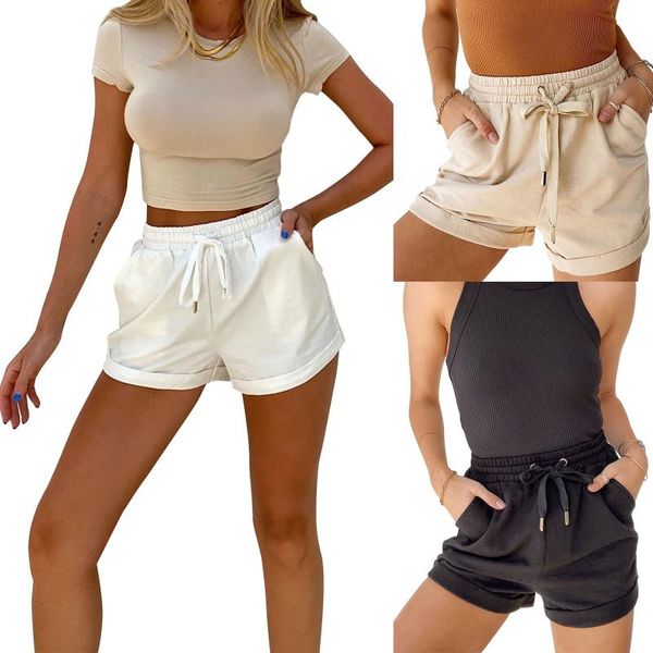 

women's shorts summer woman solid color elastic waist casual wear loose short pant bottom women clothes, White;black