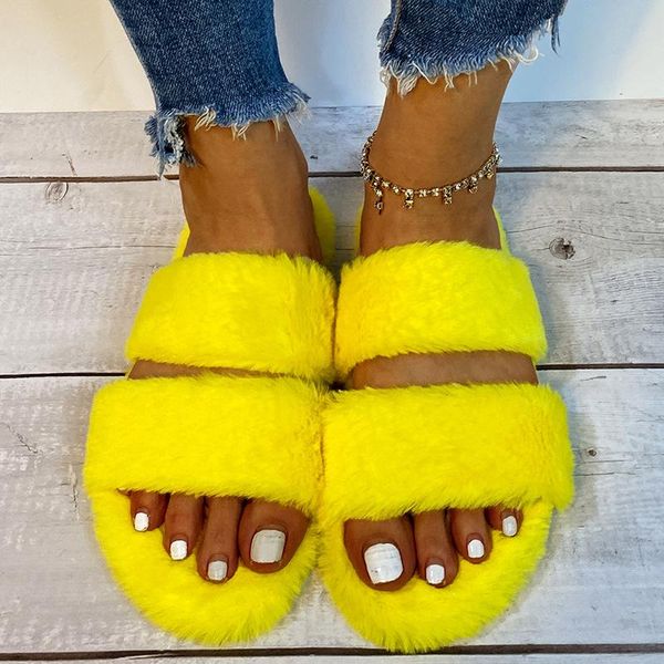 

fluffy faux fur slippers for women colorful furry female sandals indoor thin soled winter home woman shoes casual plush, Black