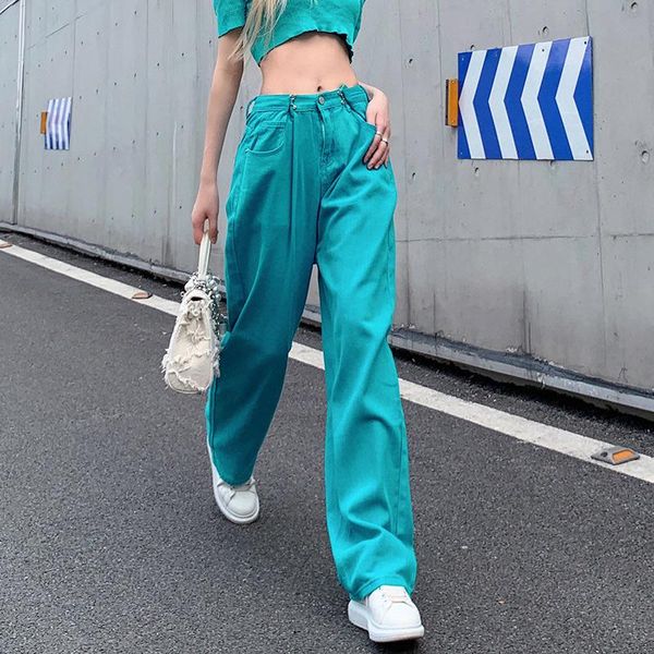 

women's jeans sawfuw latest design streetwear girls high waist hook vintage long straight leg denim pants, Blue