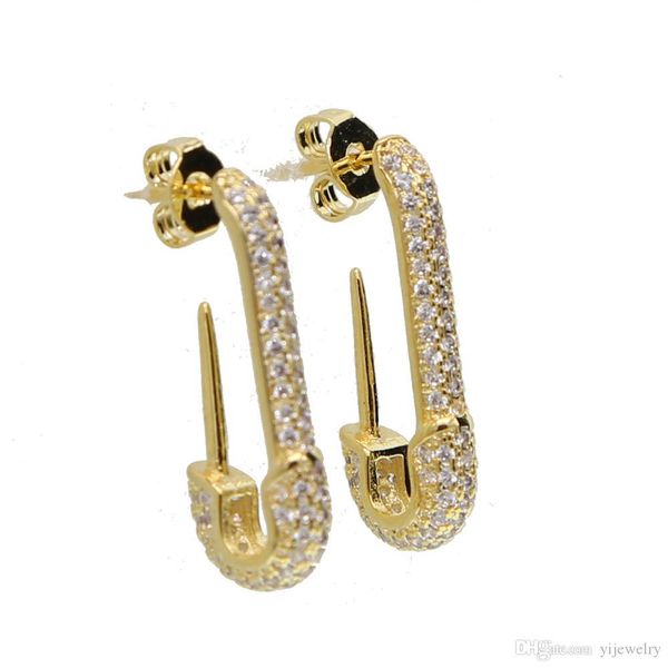 

micro pave clear cubic zirconia fashion jewelry safety pin stud european women trendy gorgeous earrings, Golden;silver