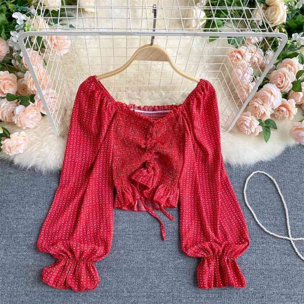 

chiffon blouse spring autumn women's drawstring pleated slim short puff sleeve nipped waist shirts female gk526 210507, White