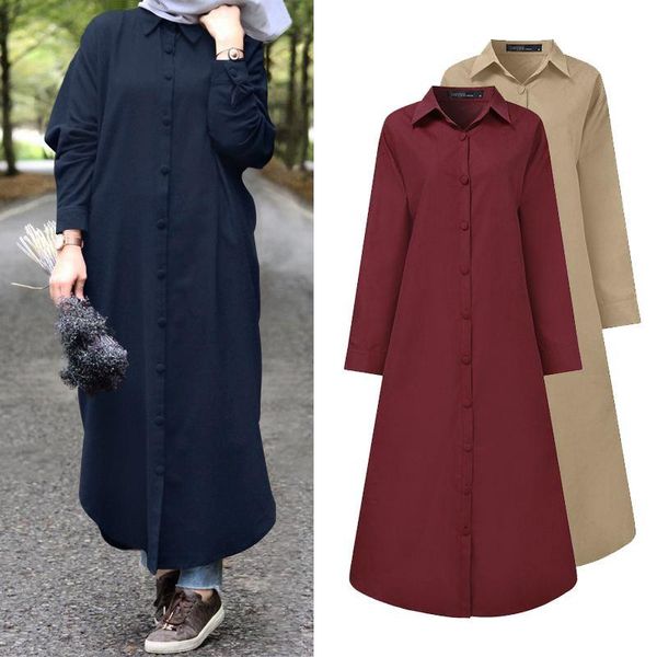 

casual dresses zanzea 2021 women's autumn sundress elegant shirt dress long sleeve maxi vestidos female button down robe femme plus siz, Black;gray