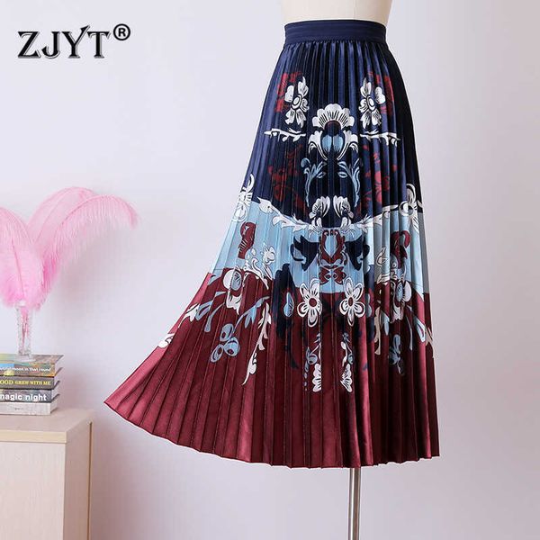 

spring fashion designers elasitc waist vintage print casual midi pleated skirts womens clothing elegant lady 210601, Black