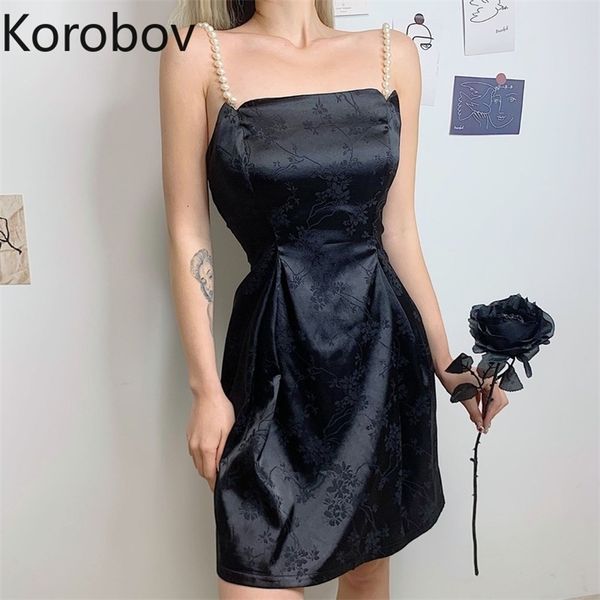 

korobov summer black dresses women spaghetti strap high waist ruched dress a-line elegant party night vestidos femme 210430, Black;gray
