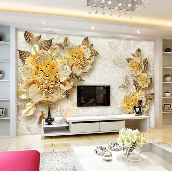 

wallpapers 3d wallpaper european style golden diamond flower jewelry backdrop wall painting murals el living room tv sofa home decor