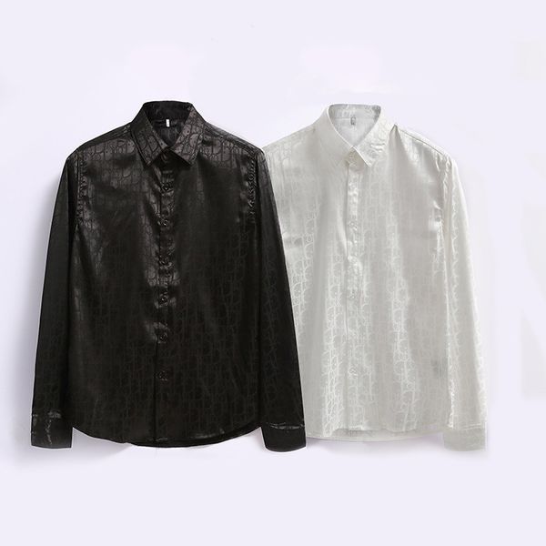 

men's dress shirt luxury slim silk t-shirt long sleeve casual business clothing plaid brand 17 color -4xl burr8, White;black