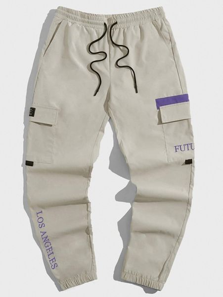 

men letter graphic contrast panel cargo pants l83h#, Black