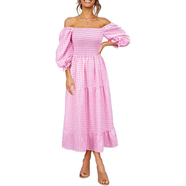 

casual dresses women autumn bohemian dress, adults off-shoulder smocked puff sleeve plaid for ladies, Black;gray