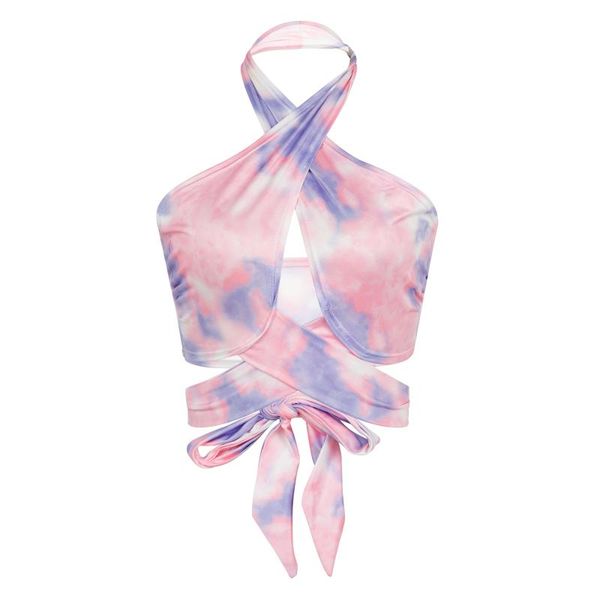 

women's tanks & camis summer crisscross halter backless sleeveless cutout front tie dye print crop camisole, White