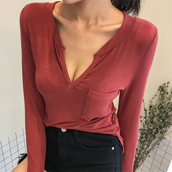 sexy scollo a v estate primavera donna top casual maglietta femme top in cotone basic sottile top manica lunga femminile joker 210423