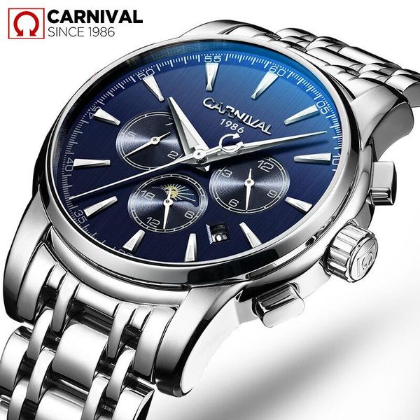

switzerland automatic watch men carnival mechanical watches fashion brand waterproof stainless steel relogio masculino wristwatches, Slivery;brown