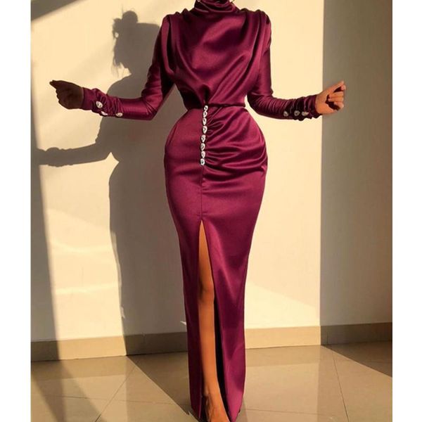 

casual dresses elegant long dress women party prom turtleneck sleeve ruched slit diamond design bodycon maxi vestidos, Black;gray