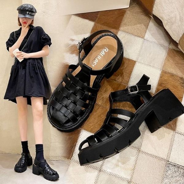 

sandals platform wedges real leather mid heel shoes t-strap round toe female footwear buckle summer black