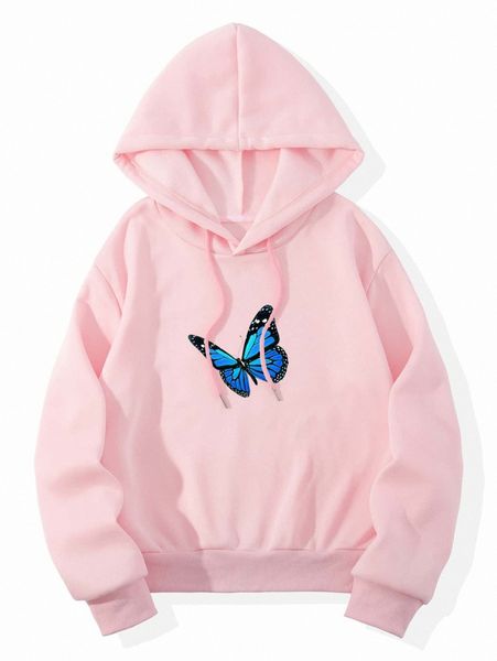 

butterfly print drawstring thermal hoodie k4zm#, White;black