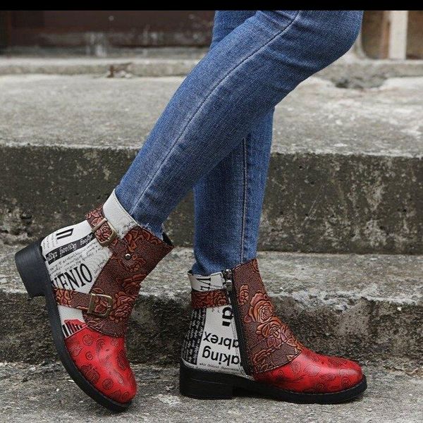 

boots large leather stitched buckle side zipper color printed women's, Black