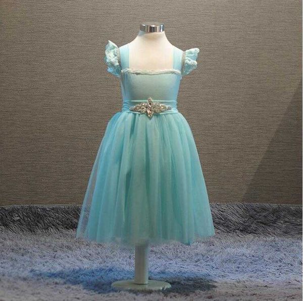 wholesale abito in tulle con maniche a sbuffo in pizzo per bambina elegante per bambini a metà polpaccio con girovita in strass 5 pezzi / lotto 210529