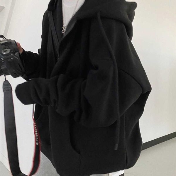 

women's hoodies sweatshirts women harajuku korean version loose oversized vintage solid color long sleeve hooded sweatshirt zipper coat, Black