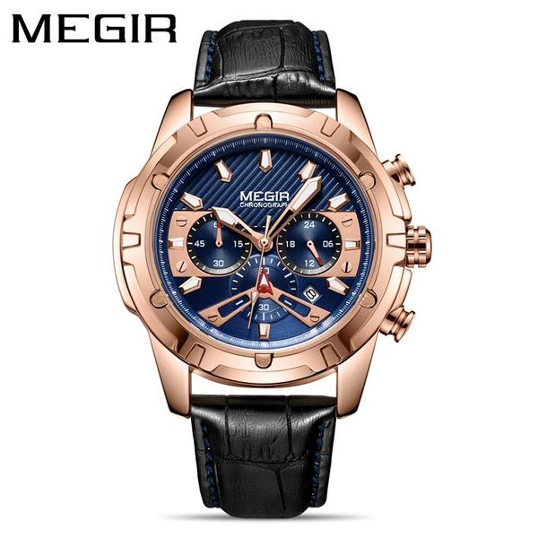 

wristwatches megir brand blue dial rose gold case sports quartz watch men multifunction waterproof luminous calendar chronograph watches, Slivery;brown