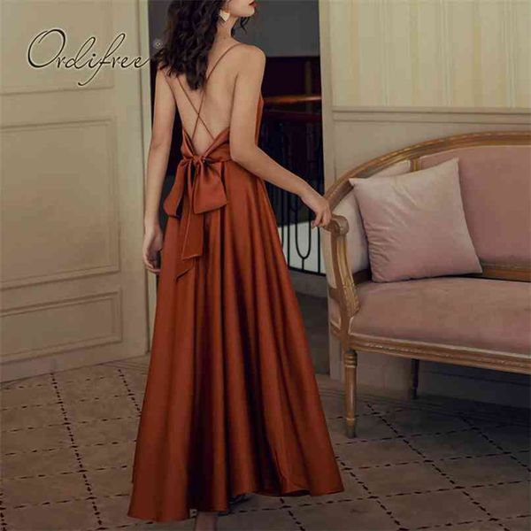 

summer elegant women silk party dress spaghetti strap bow backless long satin 210513, Black;gray