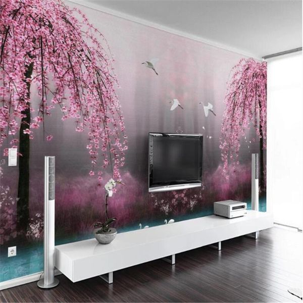 

wallpapers milofi professional custom large wallpaper mural modern minimalist beautiful dreamy pink cherry blossom swan lake landscape