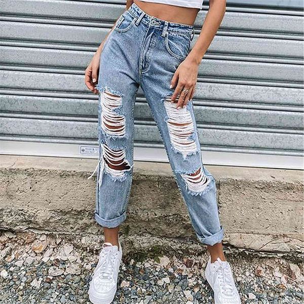 

fashion high waist streetwear women jean button pocket elastic hole trousers slim denim pants, Blue