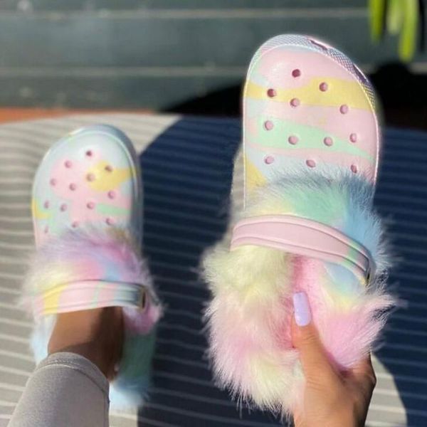 

pink dyed printed fur outdoor all-match casual sandals spring women home durable non-slip slippers, Black