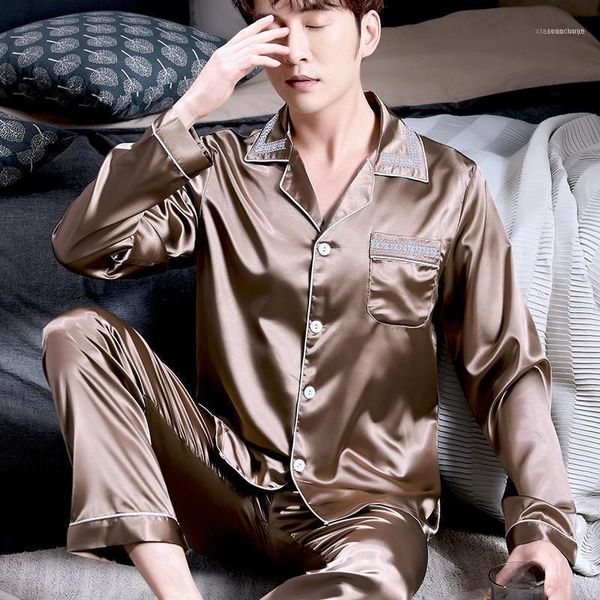 

pajamas spring autumn men sleepwear sleep set casual soft bathrobe nightwear long sleeve 2pcs shirt&pant silky satin homewear1, Black;brown