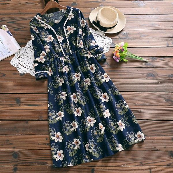 

casual dresses mori girl spring autumn sweet a-line dress v neck elegant floral print femininos vestidos full sleeve corduroy 2xl, Black;gray