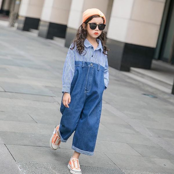 

girls' children's denim jumpsuit 2021 autumn fashion striped stitching shirt loose jeans trousers straight pants 4-14 years, Blue