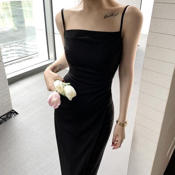 

casual dresses summer elegant satin split dress french style sleeveless party 2021 female clothes vestidos drop, Black;gray