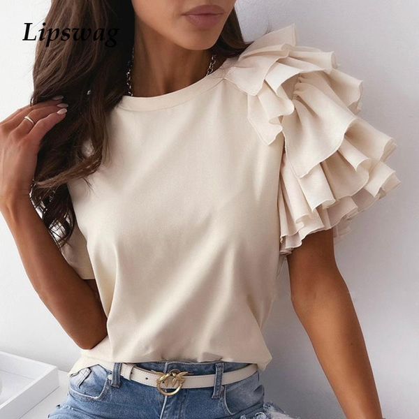 

women's blouses & shirts casual o neck solid blouse shirt summer short sleeve women blusa elegant fashion layered ruffle pullover stre, White