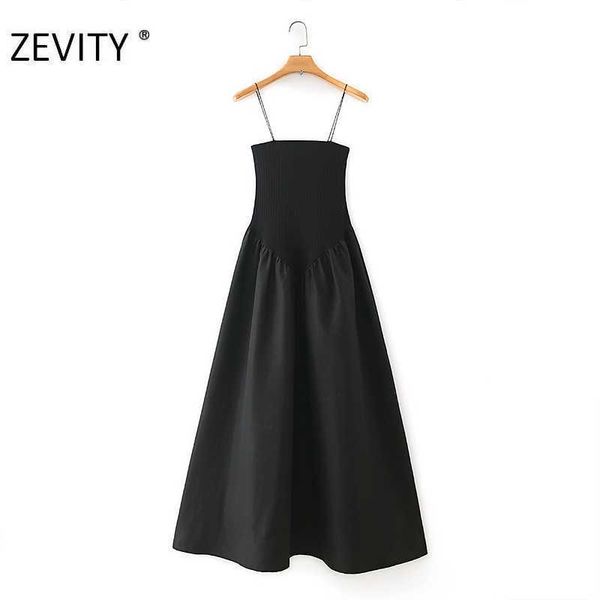 

zevity women spaghetti strap vestido elastic patchwork balck dress chic female pleat casual slim party sling dresses ds4391 210603, Black;gray