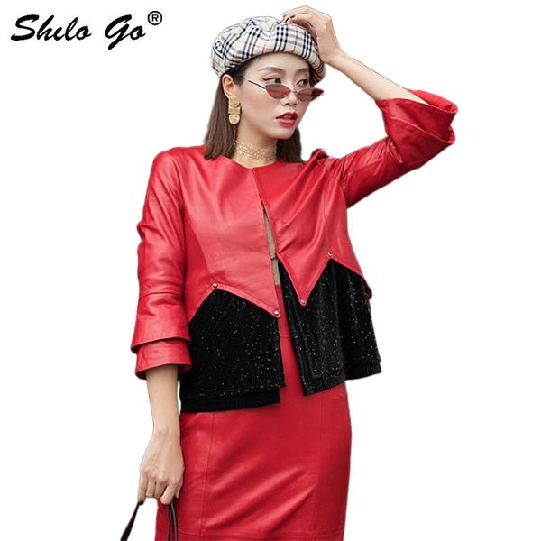 

women's jackets eleangt leather jacket women fashion flare sleeve lurex spliced sheepskin genuine coat concise female cardigan outwear, Black;brown