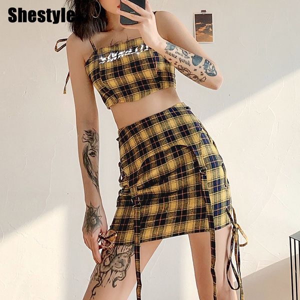 

shestyle grid plaid yellow skirt 2 pieces sets women bandage sheath lattice zipper skirt crop streetwear 2021 summering, Black;white