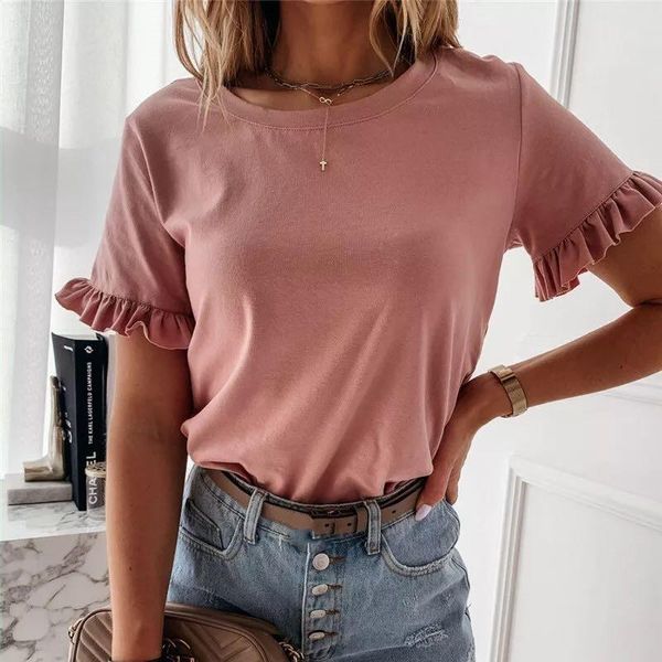 

women's t-shirt summer women fashion casual round neck solid female clothing butterfly sleeve tee short, White