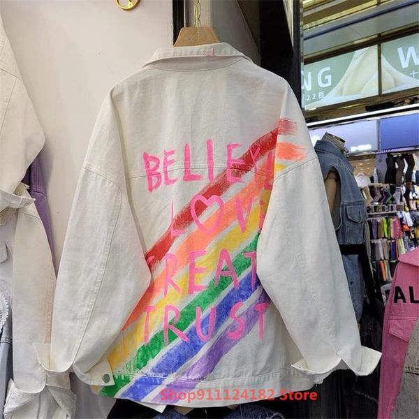 

european goods tide brand 2021 spring fashion loose trend hand-painted graffiti rainbow letters denim cardigan jacket women's jackets, Black;brown