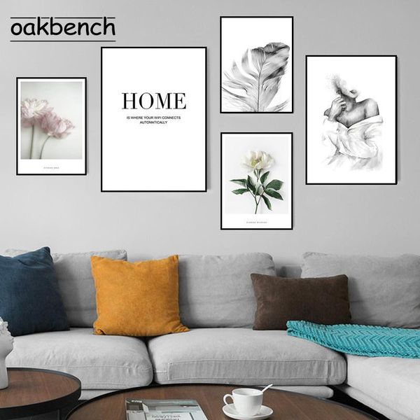 

paintings black white feather prints flowers wall art poster girl canvas pictures quote painting living room modern home decor
