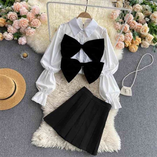 

women fashion bow long sleeve shirt + high waist pleated skirt two piece sets clothes r114 210527, White