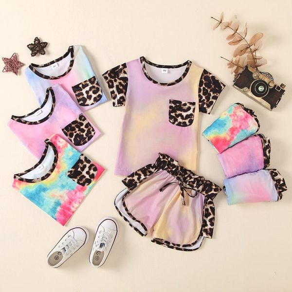 

clothing sets infant baby girls leopard print clothes set, tie-dye short sleeve o-neck t-shirt + elastic waist shorts for summer 1-6t, White