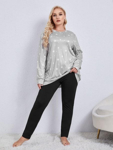 

plus star print pullover & pants pj set l56r#, Black;white