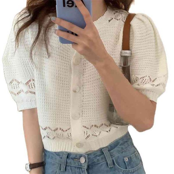 

retro crocheted openwork sweater cardigan puff sleeve short-sleeved knitted women summer fashion women's clothing 210520, White