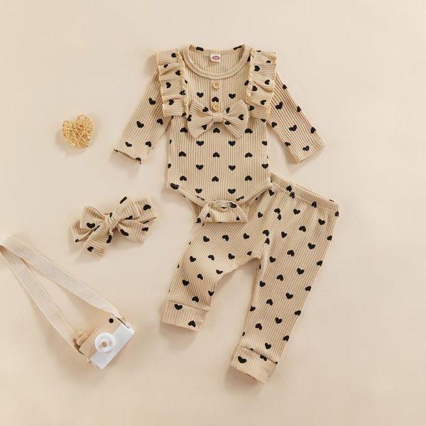

clothing sets autumn spring fall born set baby girls cotton ribbed romper heart print pants bow headband outfits infant suit, White