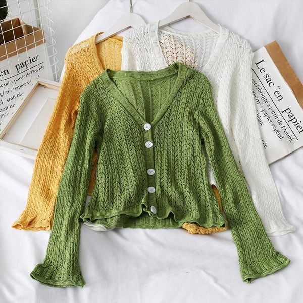 

women's knits & tees bell sleeve v-neck single breasted cardigan thin sweater female 2021 autumn and winter porous versatile solid colo, White