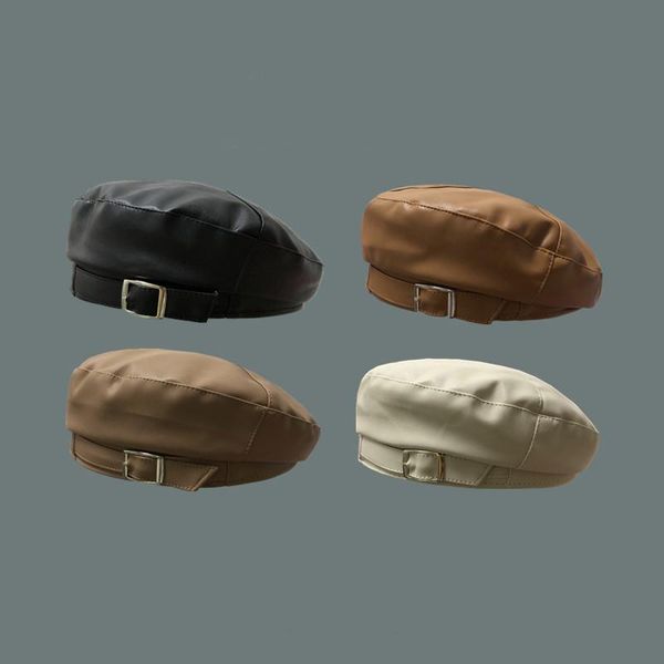 

berets winter pu leather beret british literature art retro painter hat korean casual street men women punk style octagonal, Blue;gray