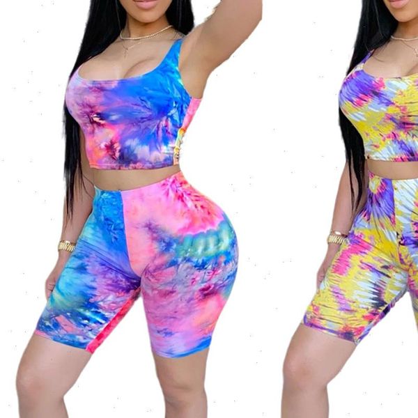 

women tracksuits suit sleeveless strap tie dyeing print crop high waist biker shorts pants workout clothes tracksuit outfit set, Gray